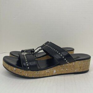 Brighton Sandals Size 9 M Slip On Slides Black Silver Cork Wedge Heel Studded